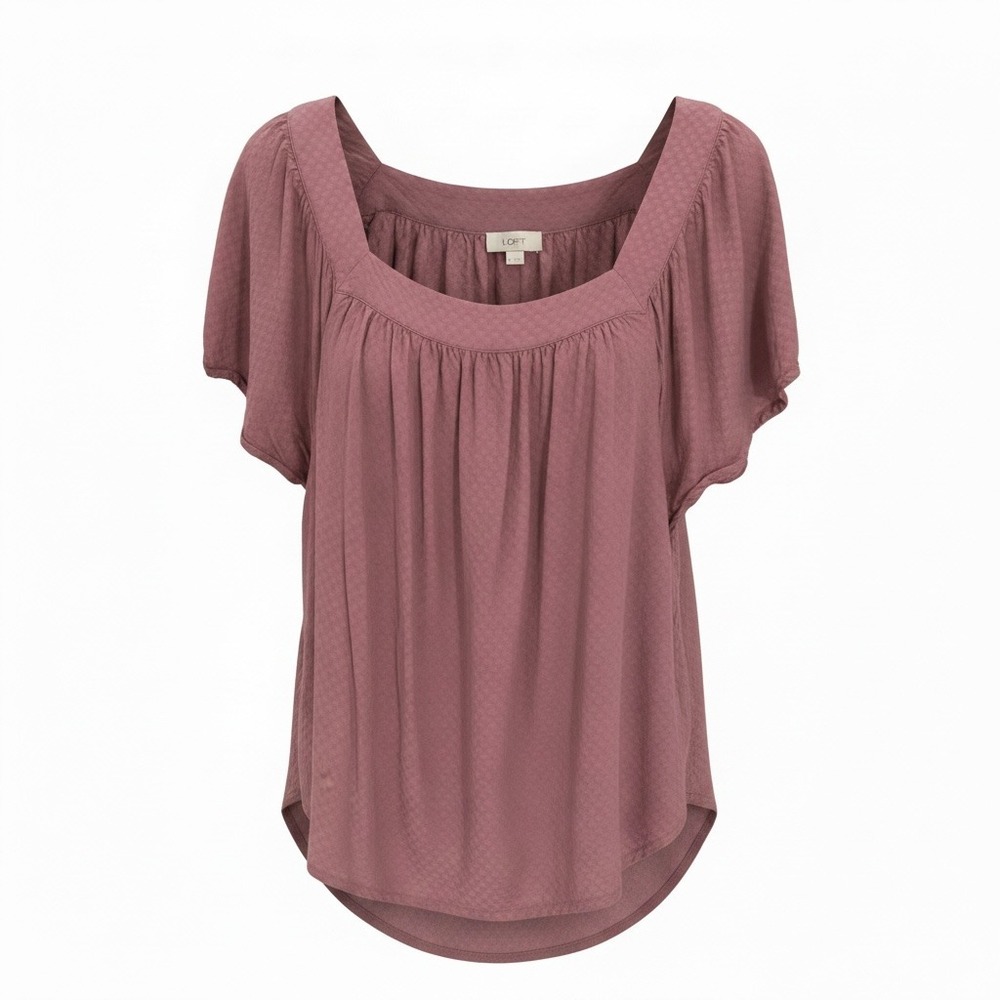 LOFT Flutter Short Sleeve Blouse Top  Women's L Plum Mauve Flowy Romantic Boho